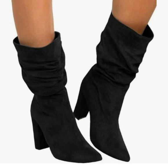 Slouchy Mid Calf Black Faux Suede Boots - Picture 1 of 4